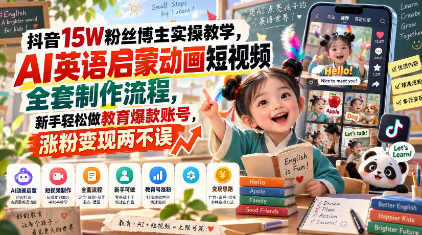 抖音15W粉丝博主实操教学，AI英语启蒙动画短视频全套制作流程，新手轻松做教育爆款账号，涨粉变现两不误-宇文网创