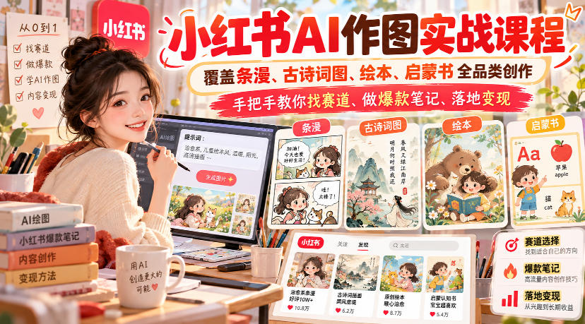 小红书AI作图实战课程,覆盖条漫、古诗词图、绘本、启蒙书全品类创作,手把手教你找赛道、做爆款笔记、落地变现-宇文网创