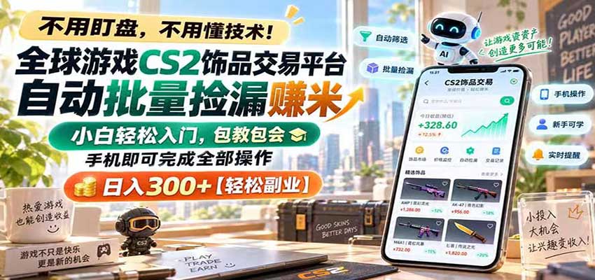 全球游戏CS2饰品交易平台自动批量捡漏赚米，手机即可完成全部操作，日入300+-宇文网创