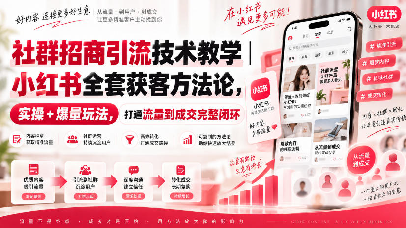 社群招商引流技术教学｜小红书全套获客方法论，实操+爆量玩法，打通流量到成交完整闭环-宇文网创