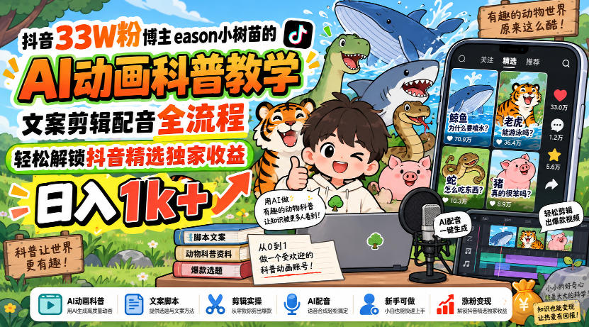 抖音33W粉博主eason小树苗的AI动画科普教学，文案剪辑配音全流程，轻松解锁抖音精选独家收益，日入1k+-宇文网创