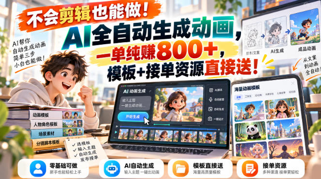 不会剪辑也能做!AI全自动生成动画,一单纯賺800+,模板+接单资源直接送!【揭秘】-宇文网创