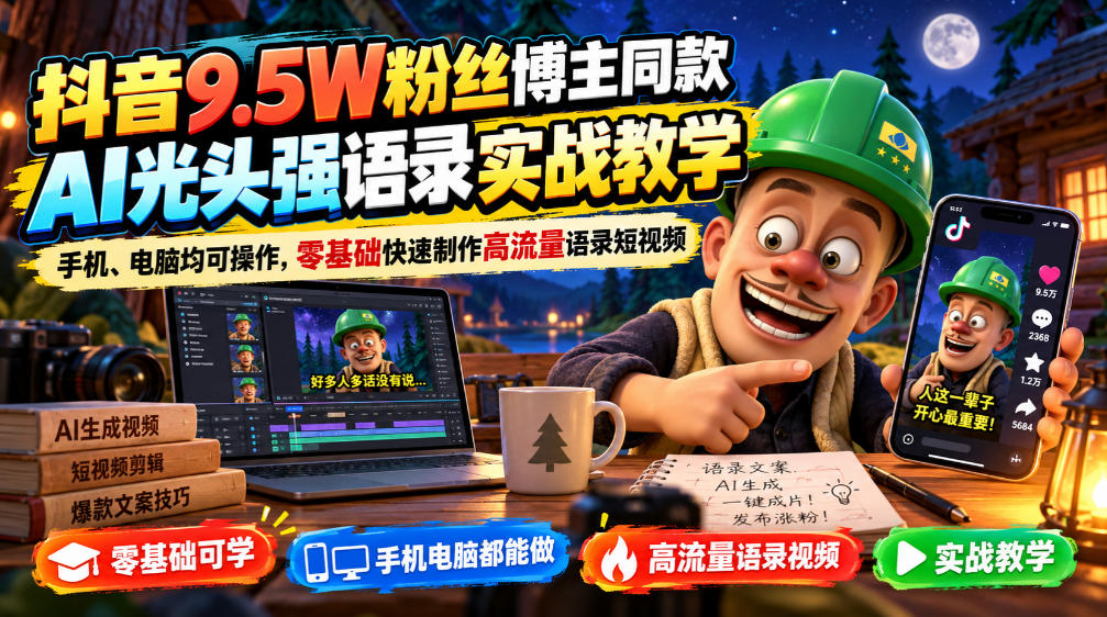抖音9.5W粉丝博主同款AI光头强语录实战教学,手机、电脑均可操作,零基础快速制作高流量语录短视频-宇文网创