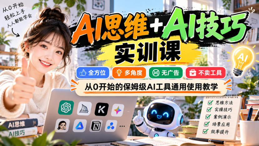 AI思维+AI技巧实训课,全方位、多角度、无广告、不卖工具,从0开始的保姆级AI工具通用使用教学-宇文网创