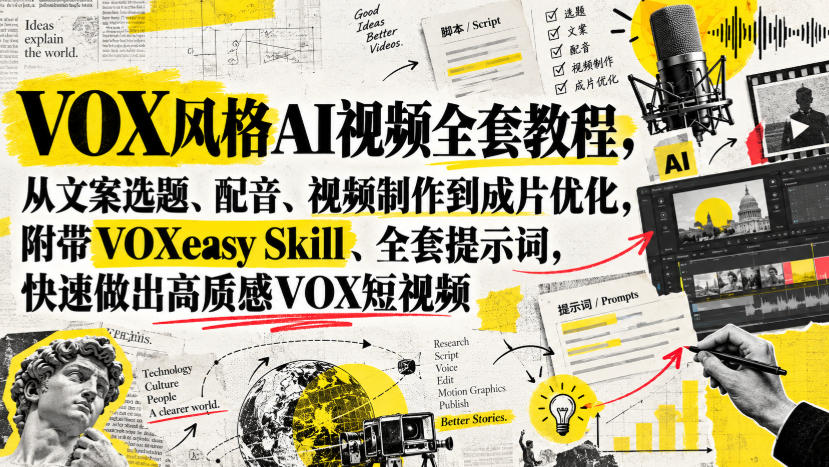VOX风格AI视频全套教程,从文案选题、配音、视频制作到成片优化,附带VOXeasy Skill、全套提示词,快速做出高质感VOX短视频-宇文网创