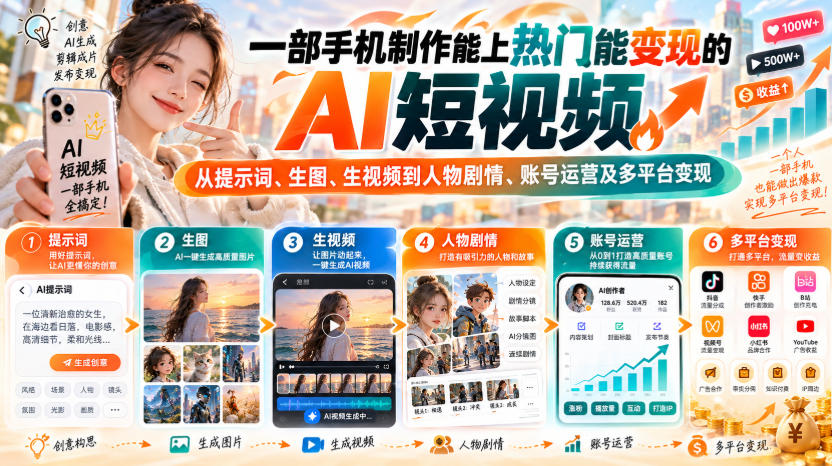 【无水印】一部手机制作能上热门能变现的AI短视频,从提示词、生图、生视频到人物剧情、账号运营及多平台变现-宇文网创