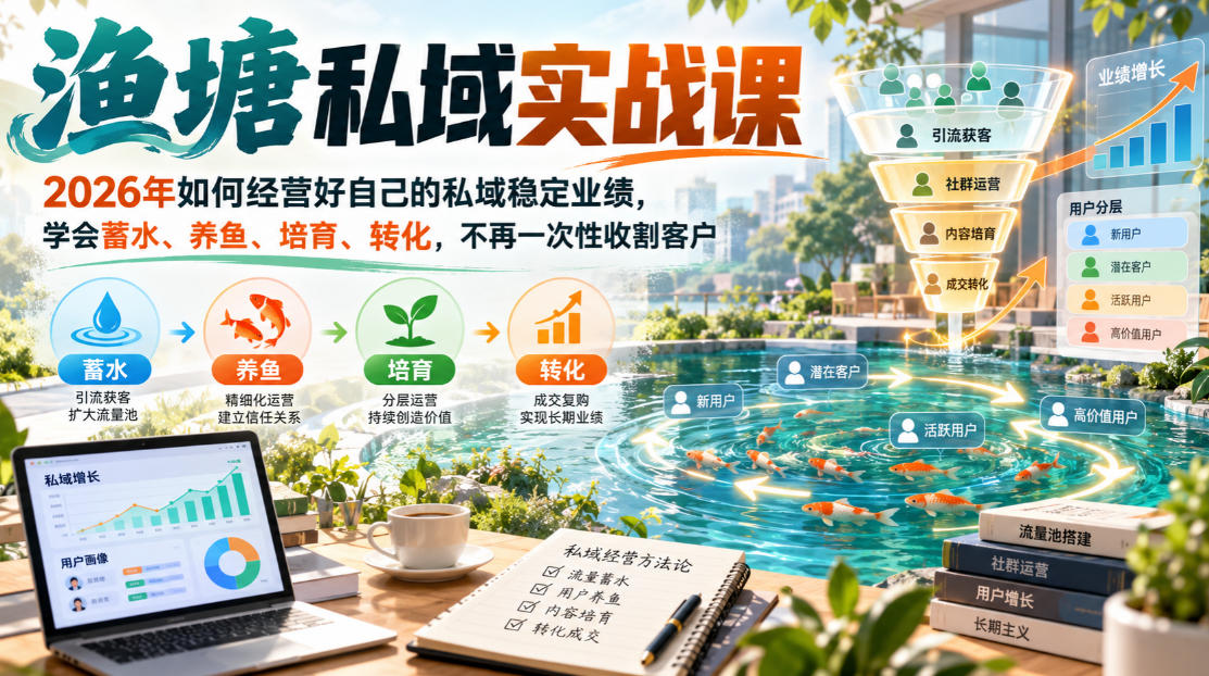 渔塘私域实战课，2026年如何经营好自己的私域稳定业绩，学会蓄水、养鱼、培育、转化，不再一次性收割客户-宇文网创