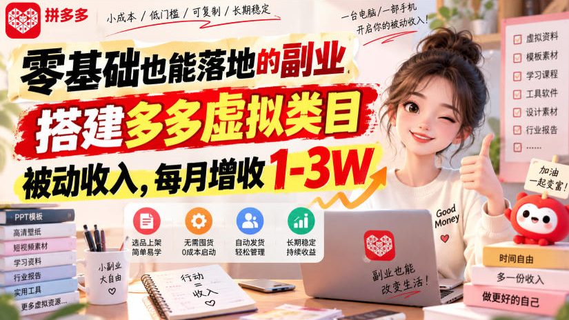 零基础也能落地的副业，搭建多多虚拟类目被动收入，每月增收1-3W【揭秘】-宇文网创