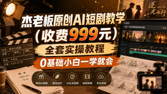 杰老板原创AI短剧教学（收费999元），全套实操教程，0基础小白一学就会，非搬运技术-宇文网创