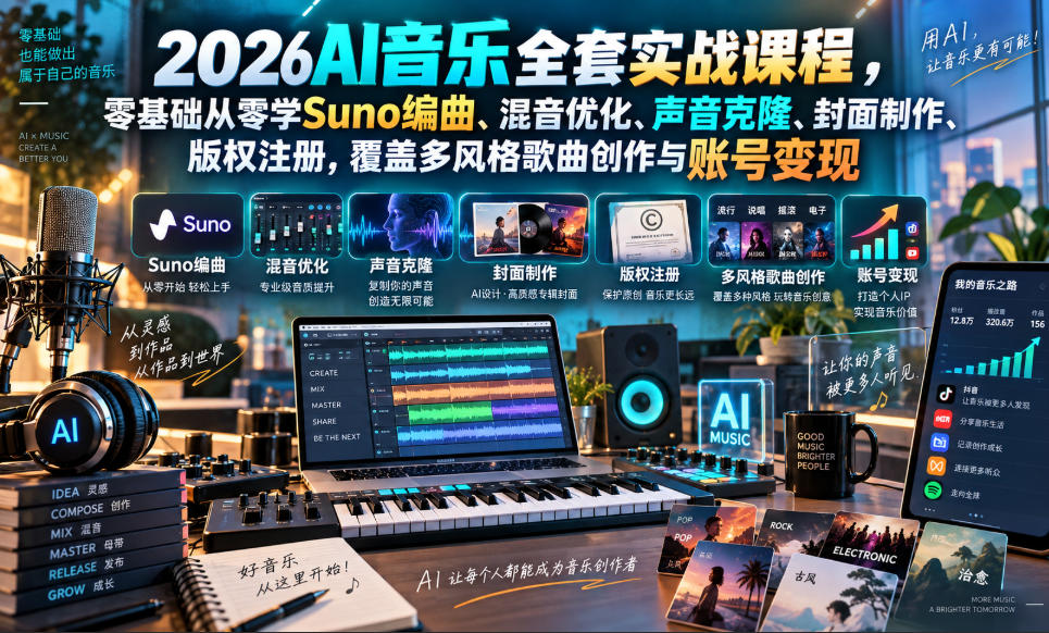 2026AI音乐实战课程,零基础从零学Suno编曲、混音优化、声音克隆、版权注册,覆盖多风格歌曲创作与账号变现-宇文网创