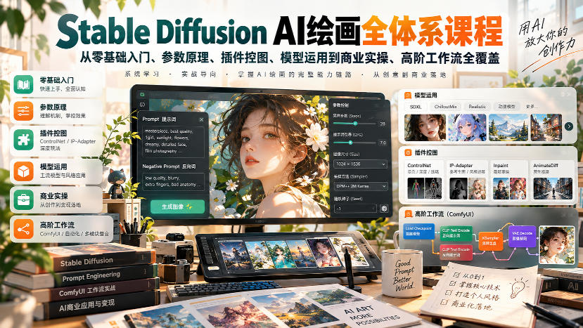 【无水印】Stable Diffusion AI绘画全体系课程,从零基础入门、参数原理、插件控图、模型运用到商业实操、高阶工作流全覆盖-宇文网创