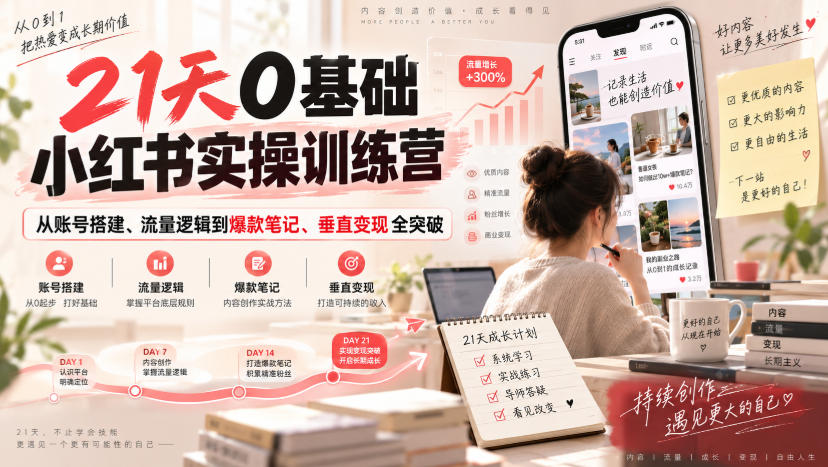 21天0基础小红书实操训练营|从账号搭建、流量逻辑到爆款笔记、垂直变现全突破-宇文网创