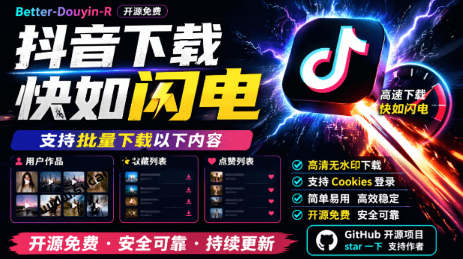 超级好用！抖音视频下载神器，支持批量下载用户作品收藏列表和点赞列表，开源完全免费Better-douyin-R-宇文网创