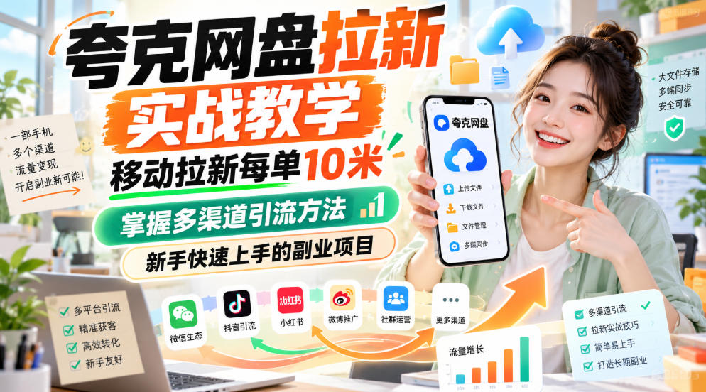 夸克网盘拉新实战教学,移动拉新每单10米,掌握多渠道引流方法,新手快速上手的副业项目-宇文网创