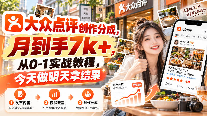 大众点评创作分成，月到手7k+，从0-1实战教程，今天做明天拿结果-宇文网创