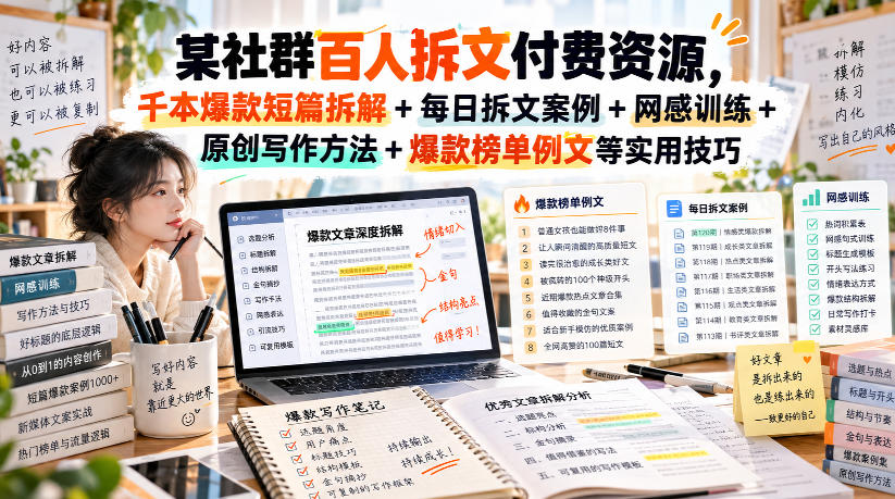 某社群百人拆文付费资源，千本爆款短篇拆解+每日拆文案例+网感训练+原创写作方法+爆款榜单例文等实用技巧(持续更新)-宇文网创