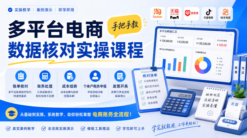 多平台电商数据核对实操课程,手把手教账单核对、账务处理、成本结转、个体户税务申报与发票开具-宇文网创