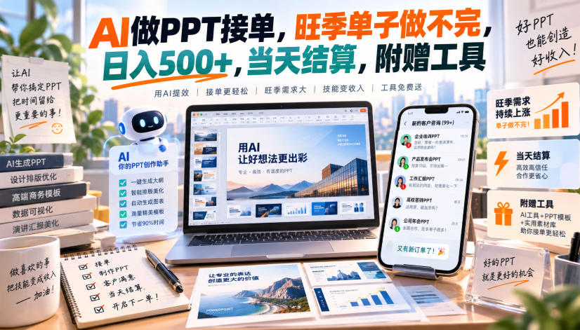 AI做PPT接单，旺季单子做不完，日入500+，当天结算，附赠工具【揭秘】-宇文网创
