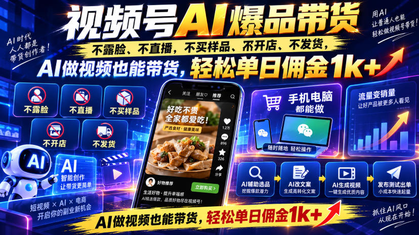 视频号Ai爆品带货,不露脸、不直播、不买样品、不开店、不发货,AI做视频也能带货,轻松单日佣金1k+-宇文网创