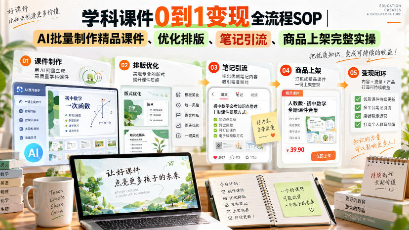 学科课件0到1变现全流程SOP｜AI批量制作精品课件、优化排版、笔记引流、商品上架完整实操​-宇文网创