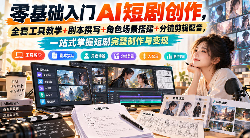 零基础入门AI短剧创作，全套工具教学+剧本撰写+角色场景搭建+分镜剪辑配音，一站式掌握短剧完整制作与变现-宇文网创
