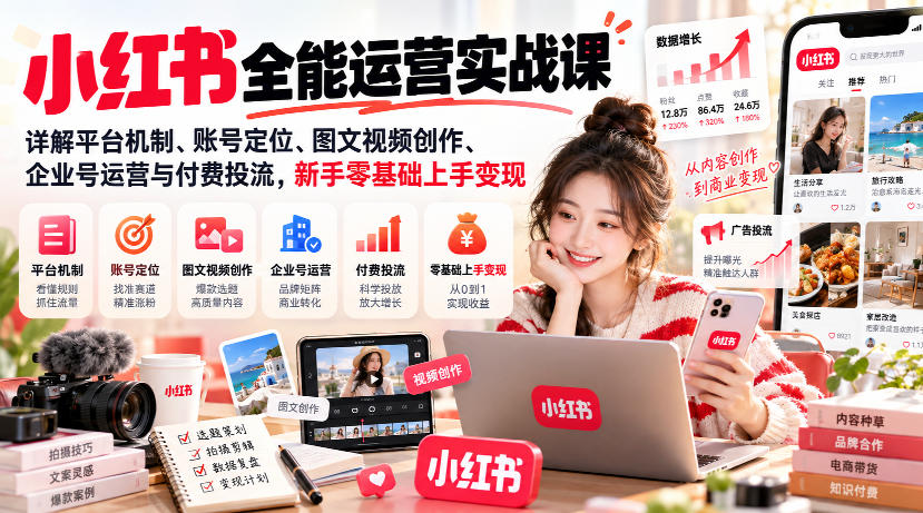 小红书全能运营实战课，详解平台机制、账号定位、图文视频创作、企业号运营与付费投流，新手零基础上手变现-宇文网创