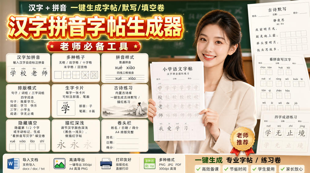 学习神器,汉字拼音字帖生成器,汉字+拼音 一键生成字帖/默写/填空卷,支持词组、成语,老师、家长必备-宇文网创