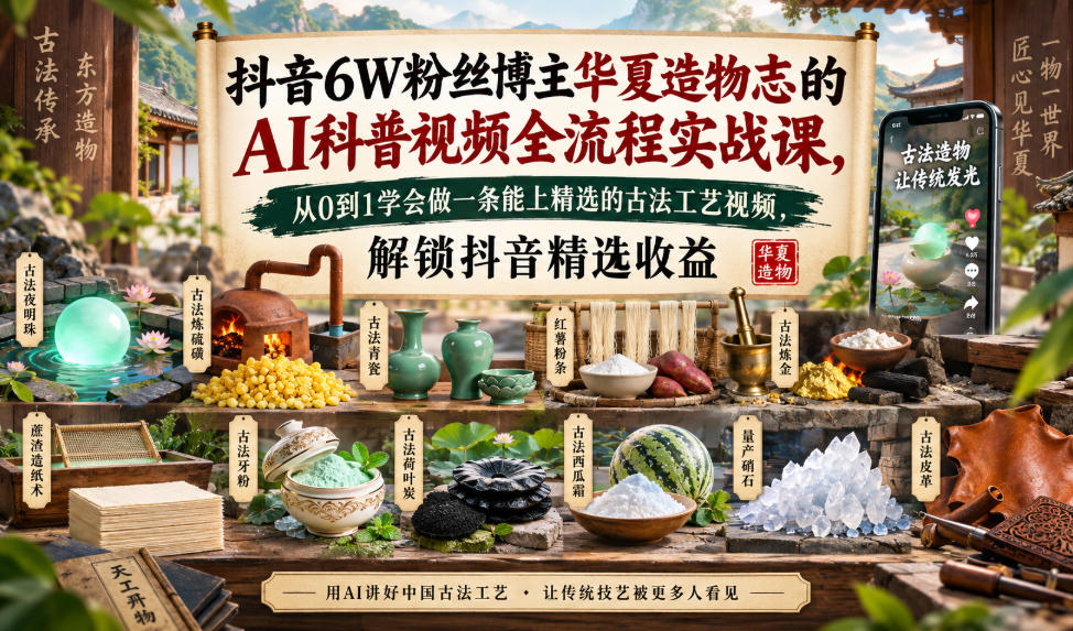 抖音6W粉丝博主华夏造物志的AI科普视频全流程实战课,从0到1学会做一条能上精选的古法工艺视频,解锁抖音精选收益-宇文网创