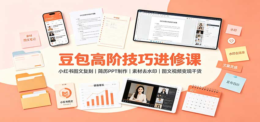 豆包高阶技巧进修课：小红书图文复刻，简历PPT制作，素材去水印，图文视频变现干货-宇文网创