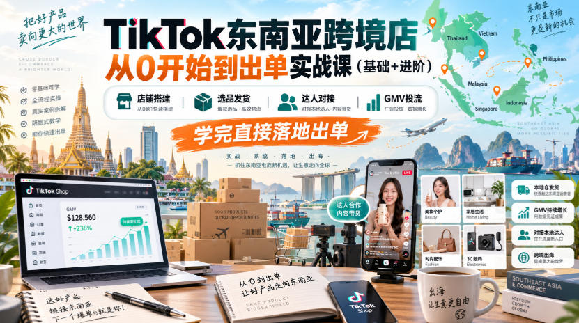TikTok东南亚跨境店从0开始到出单实战课（基础+进阶），店铺搭建、选品发货、达人对接、GMV投流，学完直接落地出单-宇文网创