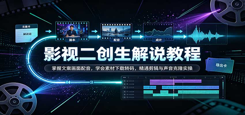 影视二创解说教程:掌握文案画面配音,学会素材下载转码,精通剪辑与声音克隆实操-宇文网创