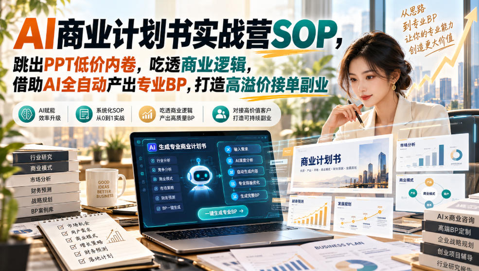 【无水印】AI商业计划书实战营SOP,跳出PPT低价内卷,吃透商业逻辑,借助AI全自动产出专业BP,打造高溢价接单副业-宇文网创