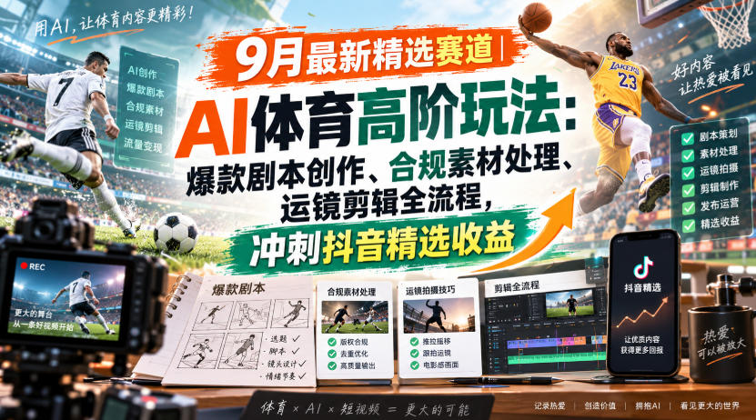 某大佬的9月最新精选赛道之AI体育顶级玩法，爆款剧本创作、版权规避、运镜剪辑全流程，稳拿抖音精选收益-宇文网创