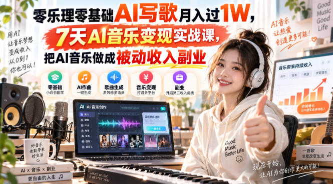 零乐理零基础AI写歌月入过1W，7天AI音乐变现实战课，把AI音乐做成被动收入副业-宇文网创