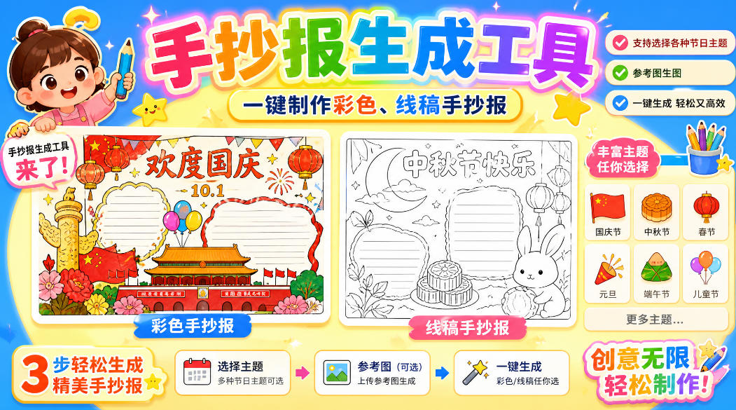 手抄报批量生成工具来了,完全免费,告别豆包生图,高清无水印-宇文网创