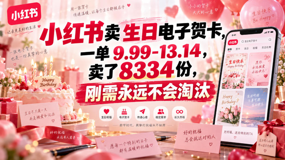 小红书卖生日电子贺卡,一单9.99-13.14,卖了8334份,刚需永远不会淘汰-宇文网创