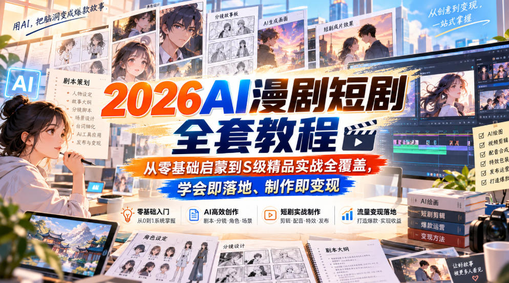 【无水印】2026AI漫剧短剧全套教程,从零基础启蒙到S级精品实战全覆盖,学会即落地、制作即变现-宇文网创