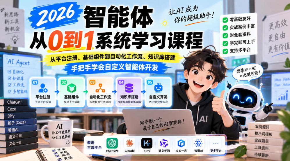 2026智能体从0到1系统学习课程，从平台注册、基础组件到自动化工作流、知识库搭建，手把手学会自定义智能体开发-宇文网创