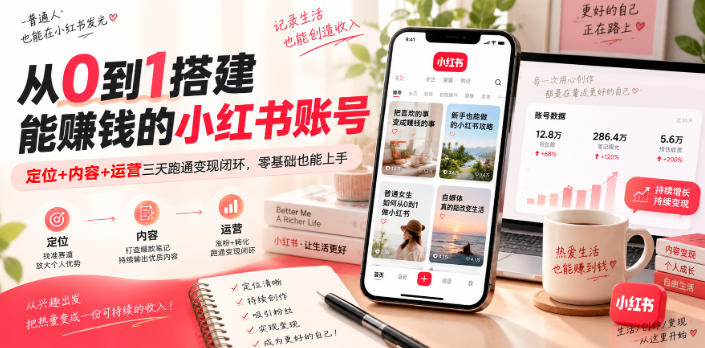 从0到1搭建能賺钱的小红书账号,定位+内容+运营三天跑通变现闭环-宇文网创