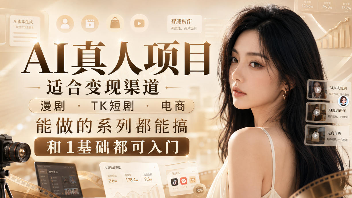 AI真人项目，适合变现渠道，漫剧，TK短剧，电商，能做的系列都能搞，0和1基础都可入门-宇文网创