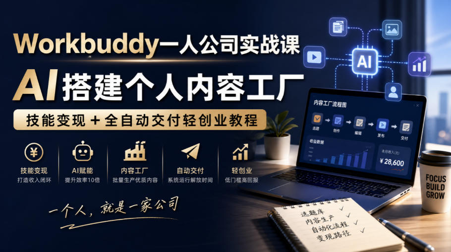 Workbuddy一人公司实战课，AI搭建个人内容工厂，技能变现+全自动交付轻创业教程​-宇文网创
