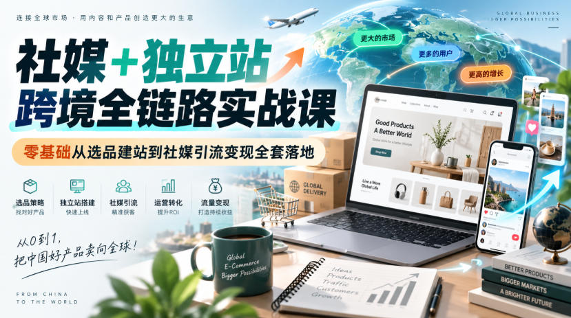 社媒+独立站跨境全链路实战课|零基础从选品建站到社媒引流变现全套落地-宇文网创
