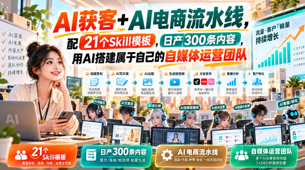 AI获客+AI电商流水线,配21个Skill模板,日产300条内容,用AI搭建属于自己的自媒体运营团队-宇文网创