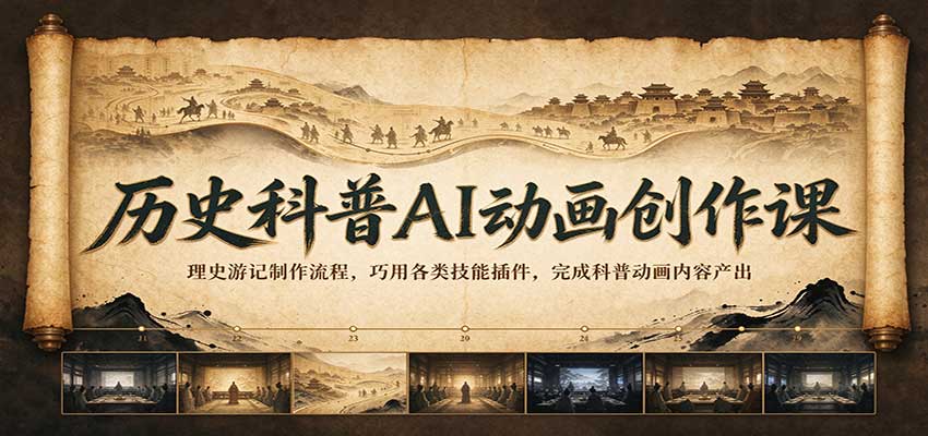 历史科普AI动画创作课:理史游记制作流程,巧用各类技能插件,完成科普动画内容产出-宇文网创