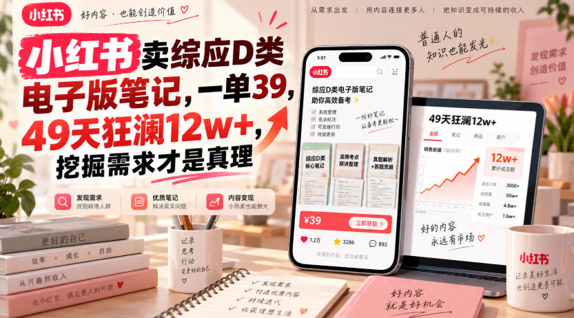 小红书卖综应D类电子版笔记，一单39，49天狂澜12w+，挖掘需求才是真理-宇文网创