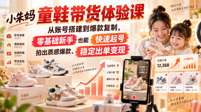 小朱妈童鞋带货体验课，从账号搭建到爆款复制，零基础新手也能快速起号、拍出质感爆款、稳定出单变现-宇文网创