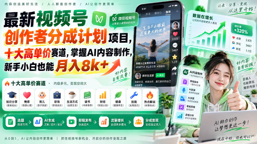 最新视频号创作者分成计划项目,十大高单价赛道,掌握AI内容制作,新手小白也能月入8k+-宇文网创