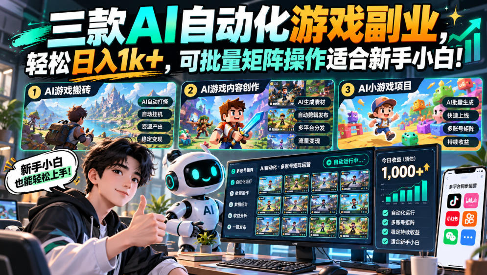 三款AI自动化游戏副业，轻松日入1k+，可批量矩阵操作适合新手小白！【揭秘】-宇文网创