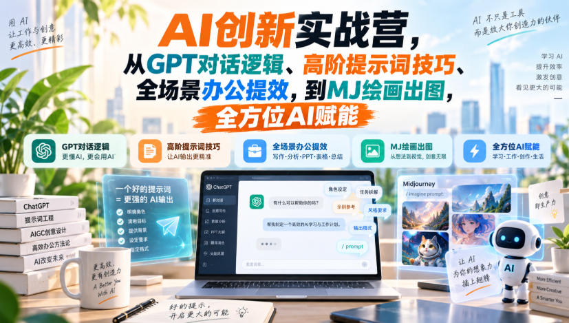 AI创新实战营,从GPT对话逻辑、高阶提示词技巧、全场景办公提效,到MJ绘画出图,全方位AI赋能-宇文网创