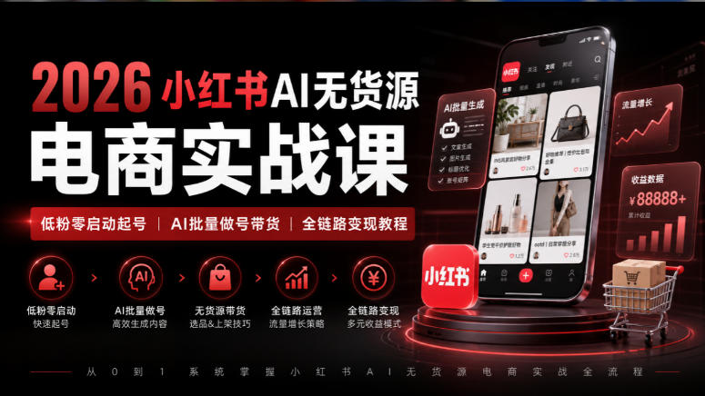 2026小红书AI无货源电商实战课|低粉零启动起号|AI批量做号带货全链路变现教程-宇文网创